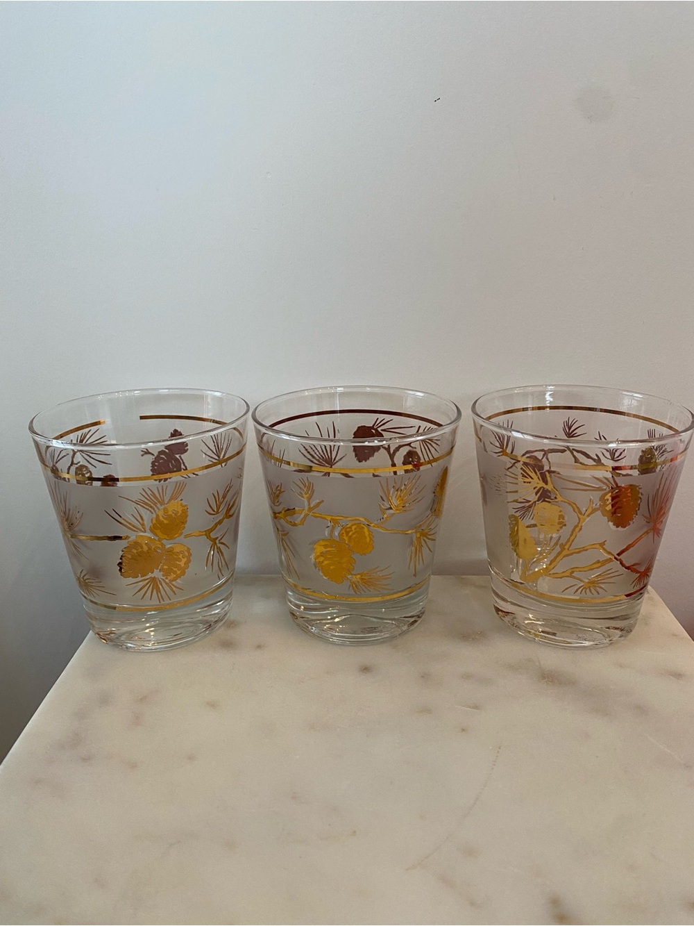 Vintage Libbey Glasses, Frosted Pine Cones, 22K Gold Barware, Set of 3